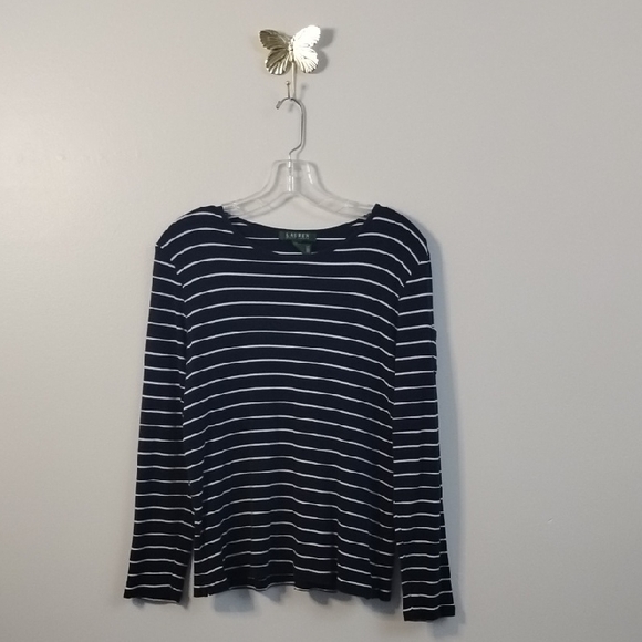 Lauren Ralph Lauren Navy and White Striped Long Sleeve Shirt 100% Cotton XL - Picture 2 of 13